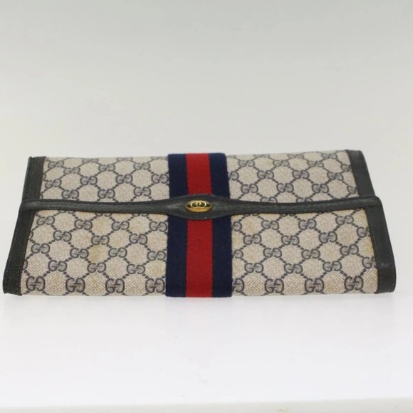 GUCCI GG Canvas Sherry Line Clutch Bag PVC Leather Red Navy gray Auth th3865 - Picture 9 of 15